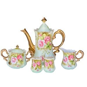 Noritake Hand Painted Nippon Chocolate Pot Set Roses Gold Trim 7 Pc Antique